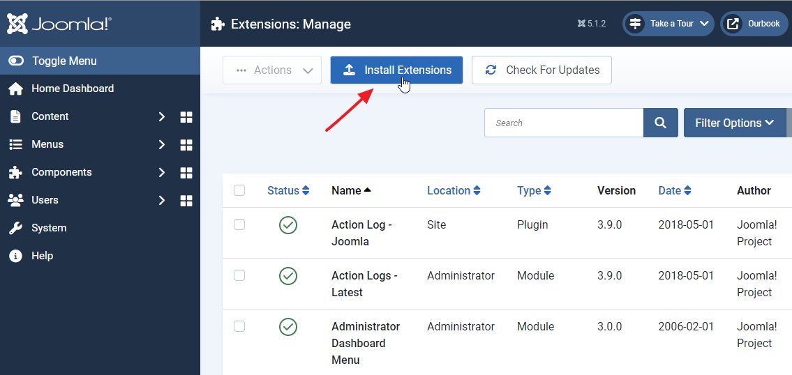 Joomla admin install extension button