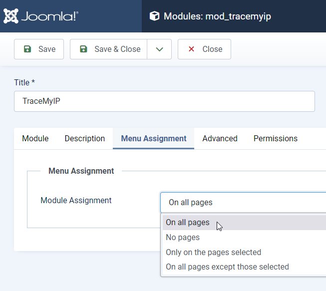 Joomla admin manage TraceMyIP menu assignment configuration