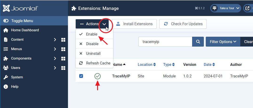 Joomla admin manage check enable TraceMyIP extension