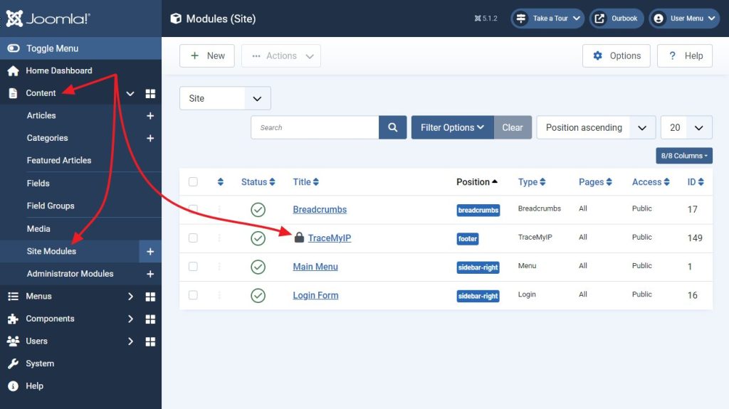 Joomla admin manage content modules TraceMyIP extension