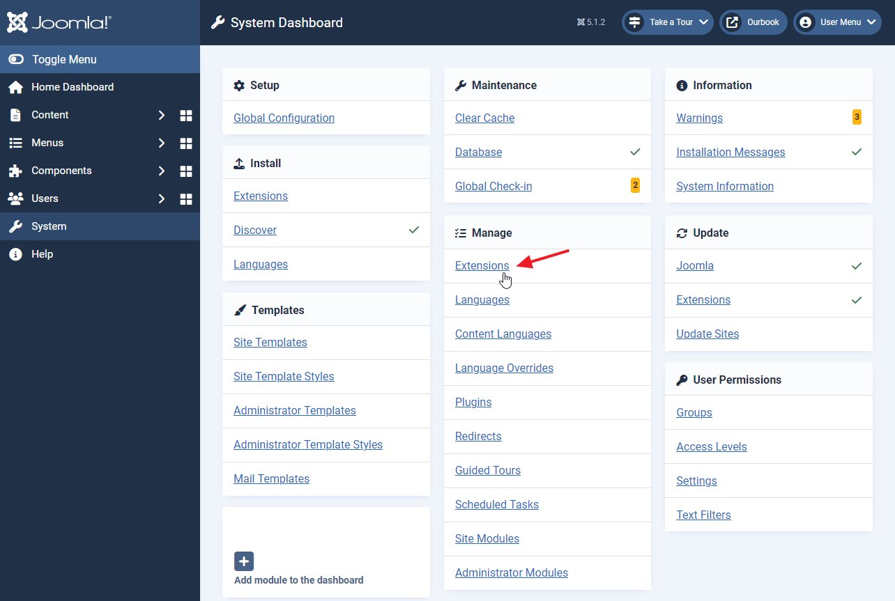 Joomla admin manage extension link